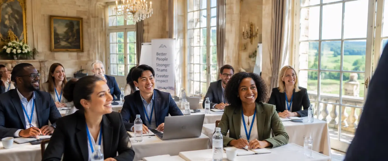 Équipe réunie en séminaire d'entreprise dans la cour d'un château en France